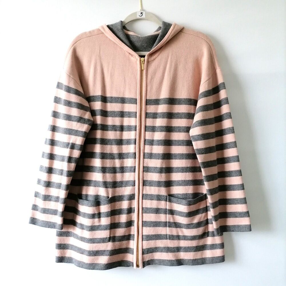 Chico's Pink Grey Striped Zip Up Hooded Cardigan Sweater Sz 2, US L (estimated)